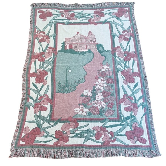 The Unbranded Brand Other - Cotton tapestry throw blanket Victorian house and garden scene 62"x46" Vtg Nice